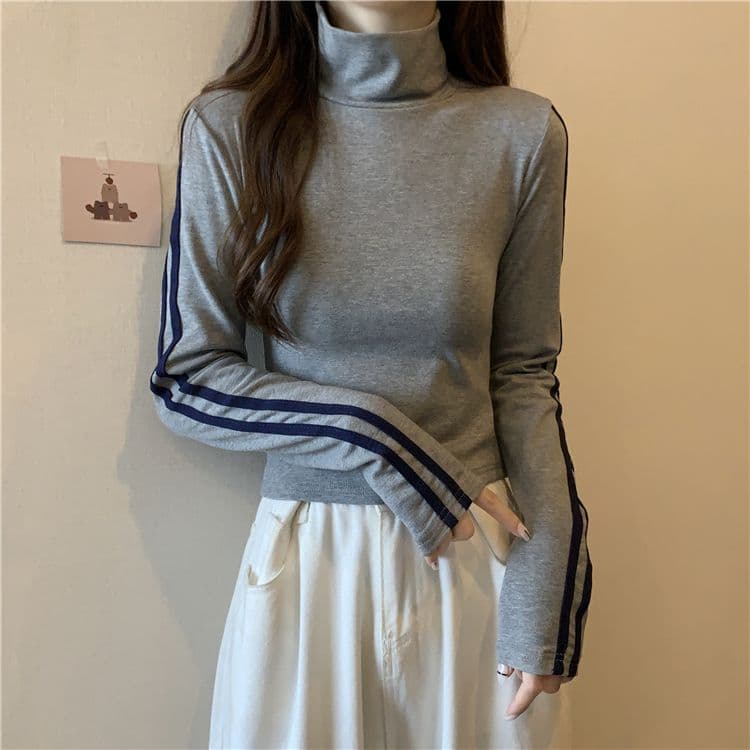 양면 De 플러시 원단 터틀넥 몸매 가꾸기 슬림해 보이는 긴팔 티셔츠 여성 새로운