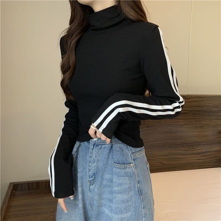 양면 De 플러시 원단 터틀넥 몸매 가꾸기 슬림해 보이는 긴팔 티셔츠 여성 새로운 이미지 2