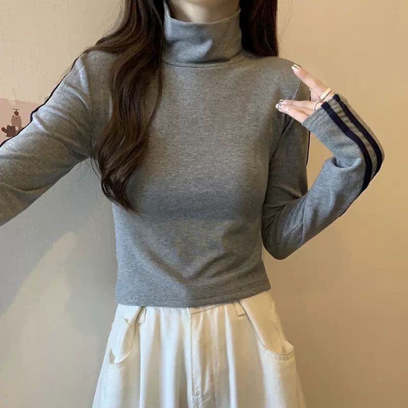 양면 De 플러시 원단 터틀넥 몸매 가꾸기 슬림해 보이는 긴팔 티셔츠 여성 새로운 상세 이미지 4