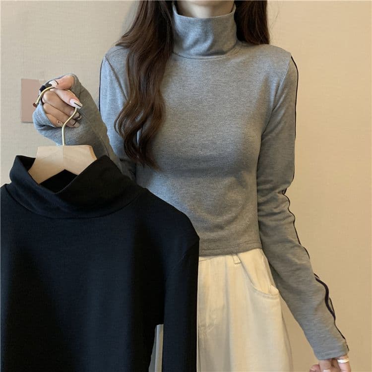 양면 De 플러시 원단 터틀넥 몸매 가꾸기 슬림해 보이는 긴팔 티셔츠 여성 새로운 상세 이미지 5