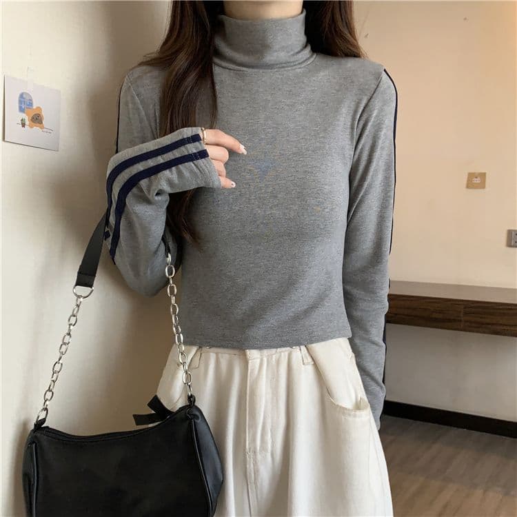 양면 De 플러시 원단 터틀넥 몸매 가꾸기 슬림해 보이는 긴팔 티셔츠 여성 새로운 상세 이미지 7