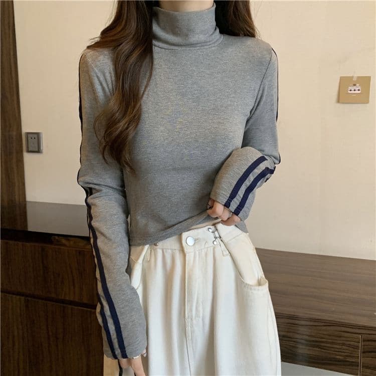 양면 De 플러시 원단 터틀넥 몸매 가꾸기 슬림해 보이는 긴팔 티셔츠 여성 새로운 상세 이미지 10