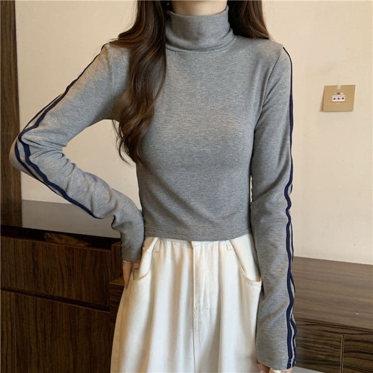 양면 De 플러시 원단 터틀넥 몸매 가꾸기 슬림해 보이는 긴팔 티셔츠 여성 새로운 상세 이미지 11
