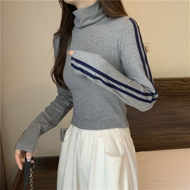 양면 De 플러시 원단 터틀넥 몸매 가꾸기 슬림해 보이는 긴팔 티셔츠 여성 새로운 상세 이미지 12