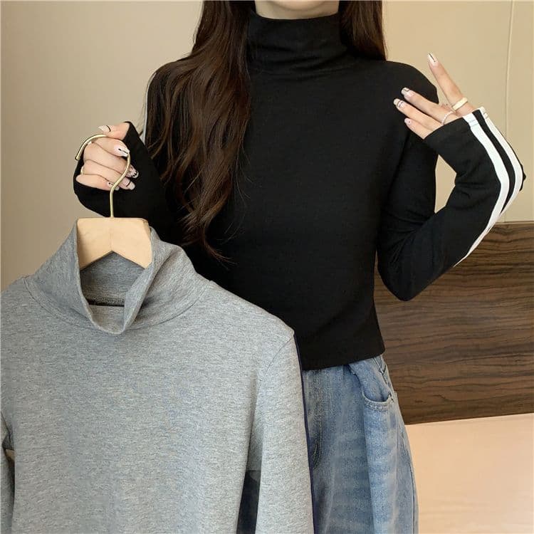 양면 De 플러시 원단 터틀넥 몸매 가꾸기 슬림해 보이는 긴팔 티셔츠 여성 새로운 상세 이미지 13