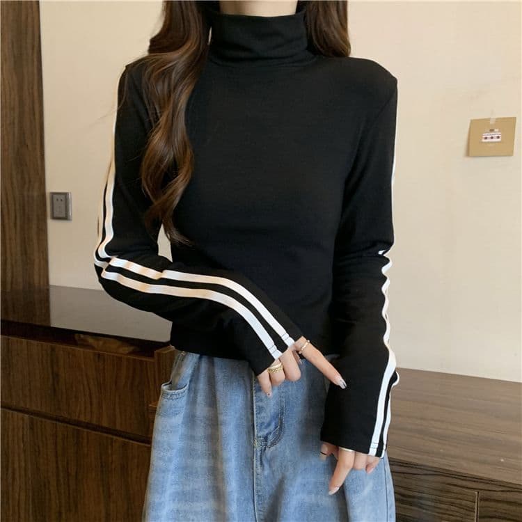 양면 De 플러시 원단 터틀넥 몸매 가꾸기 슬림해 보이는 긴팔 티셔츠 여성 새로운 상세 이미지 15