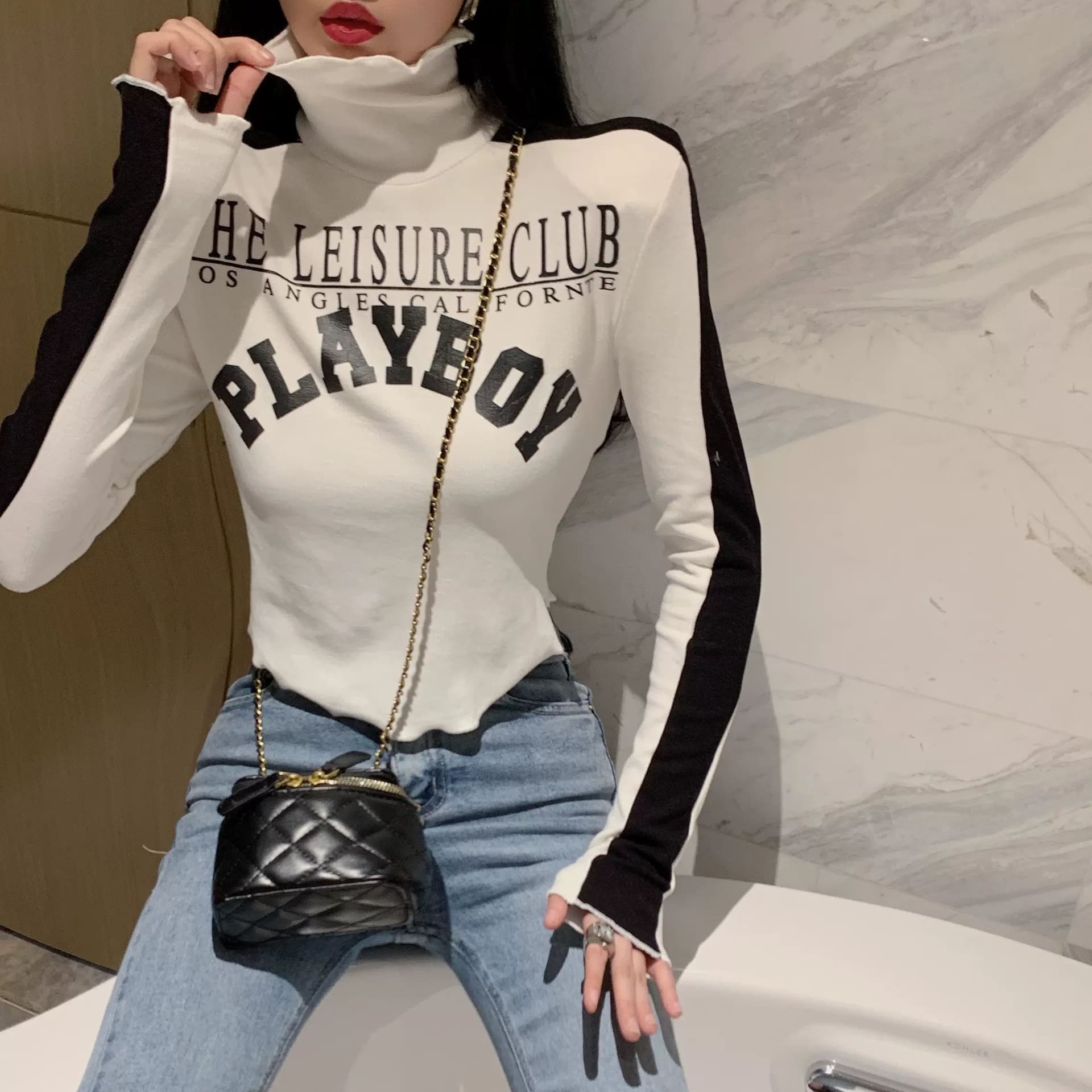 양면 De 플러시 원단 터틀넥 기본 셔츠 인사이드 가져 가라. Chic 맨위
