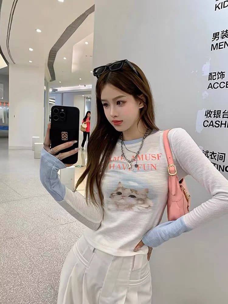 리브 몸매 가꾸기 슬림해 보이는 고양이 프린트 긴팔 티셔츠 상세 이미지 6