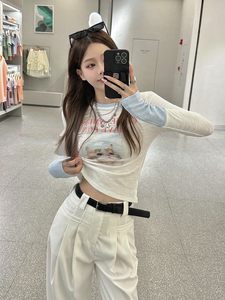 리브 몸매 가꾸기 슬림해 보이는 고양이 프린트 긴팔 티셔츠 상세 이미지 7