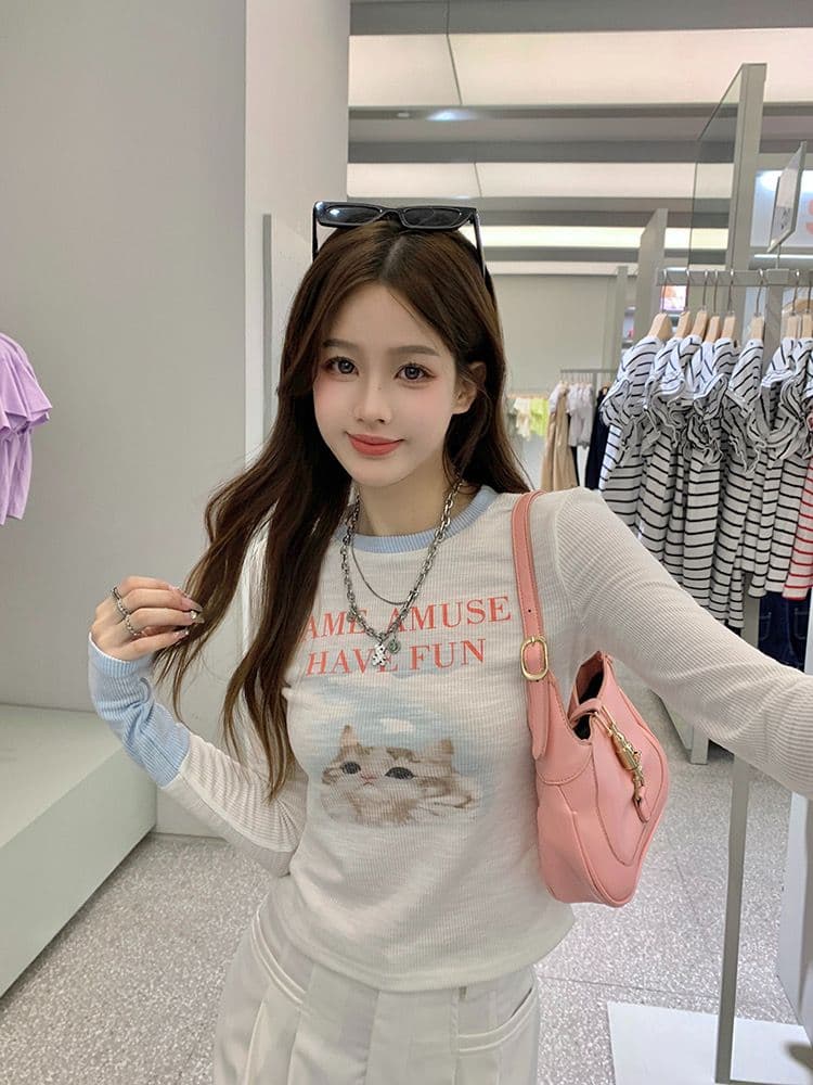 리브 몸매 가꾸기 슬림해 보이는 고양이 프린트 긴팔 티셔츠 상세 이미지 8