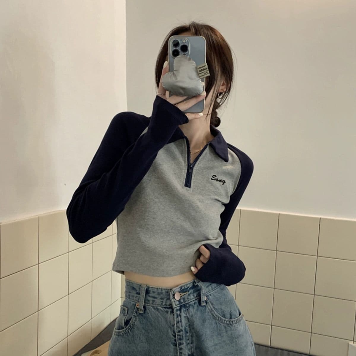 순면 210 그램 92 면 8 암모니아 Lun 아메리칸 배색 POLO 칼라 긴팔 이미지 5