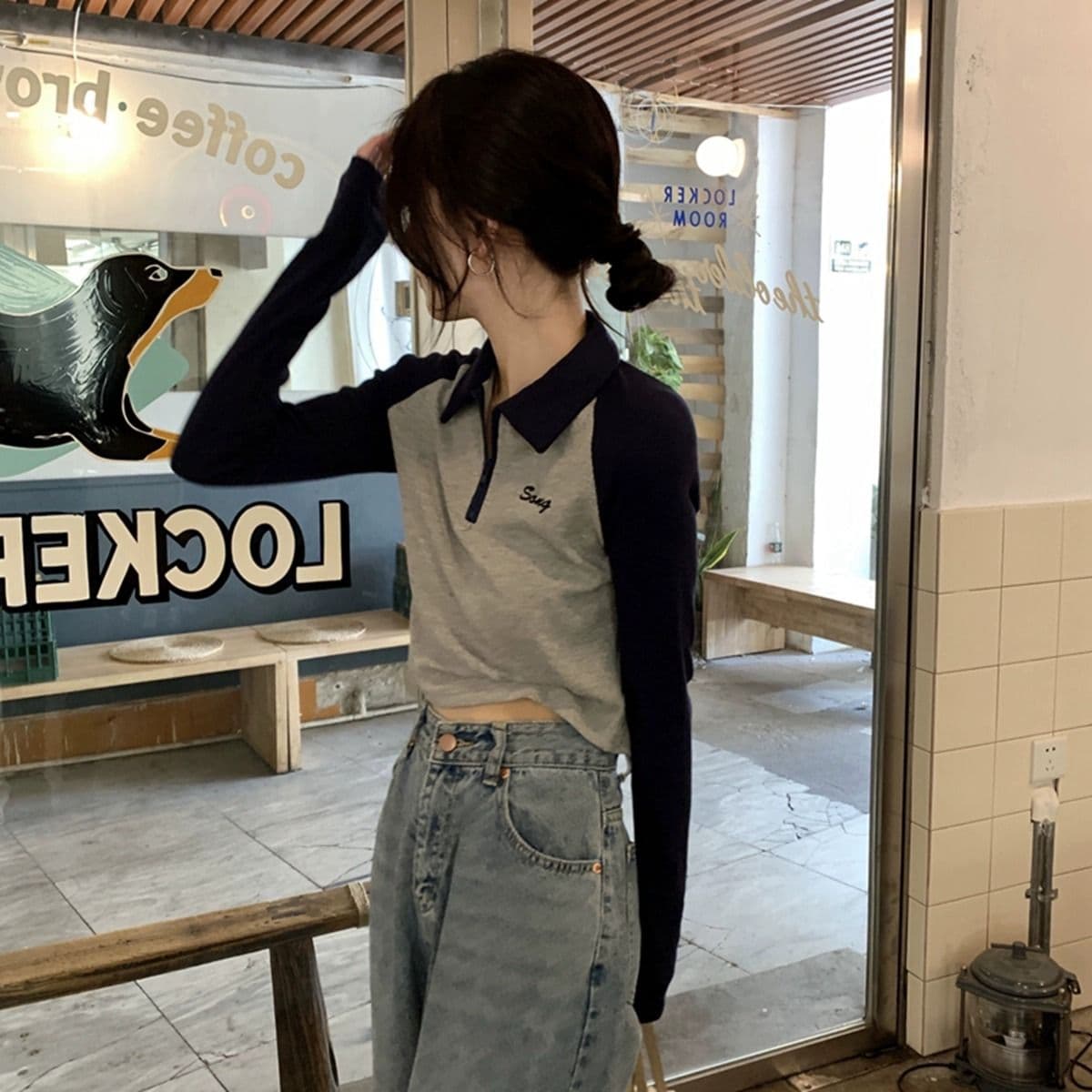 순면 210 그램 92 면 8 암모니아 Lun 아메리칸 배색 POLO 칼라 긴팔 상세 이미지 2
