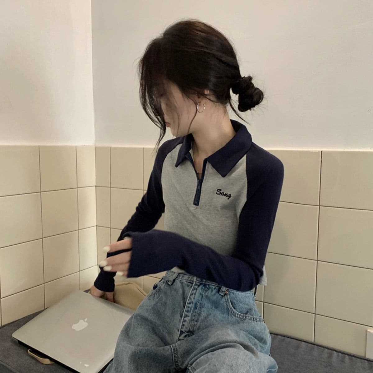 순면 210 그램 92 면 8 암모니아 Lun 아메리칸 배색 POLO 칼라 긴팔 상세 이미지 8