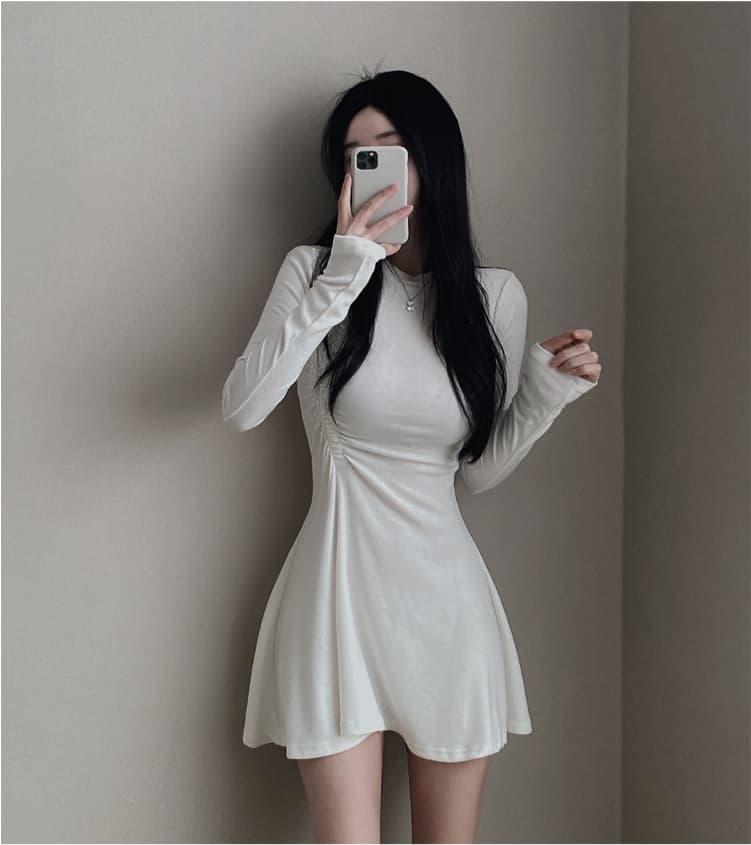 실사 빅 사이즈 지방 mm 다용도 디자인 센스 순수한 욕망 허리 수축 슬림해 보이는 프릴 긴팔 드레스 상세 이미지 6