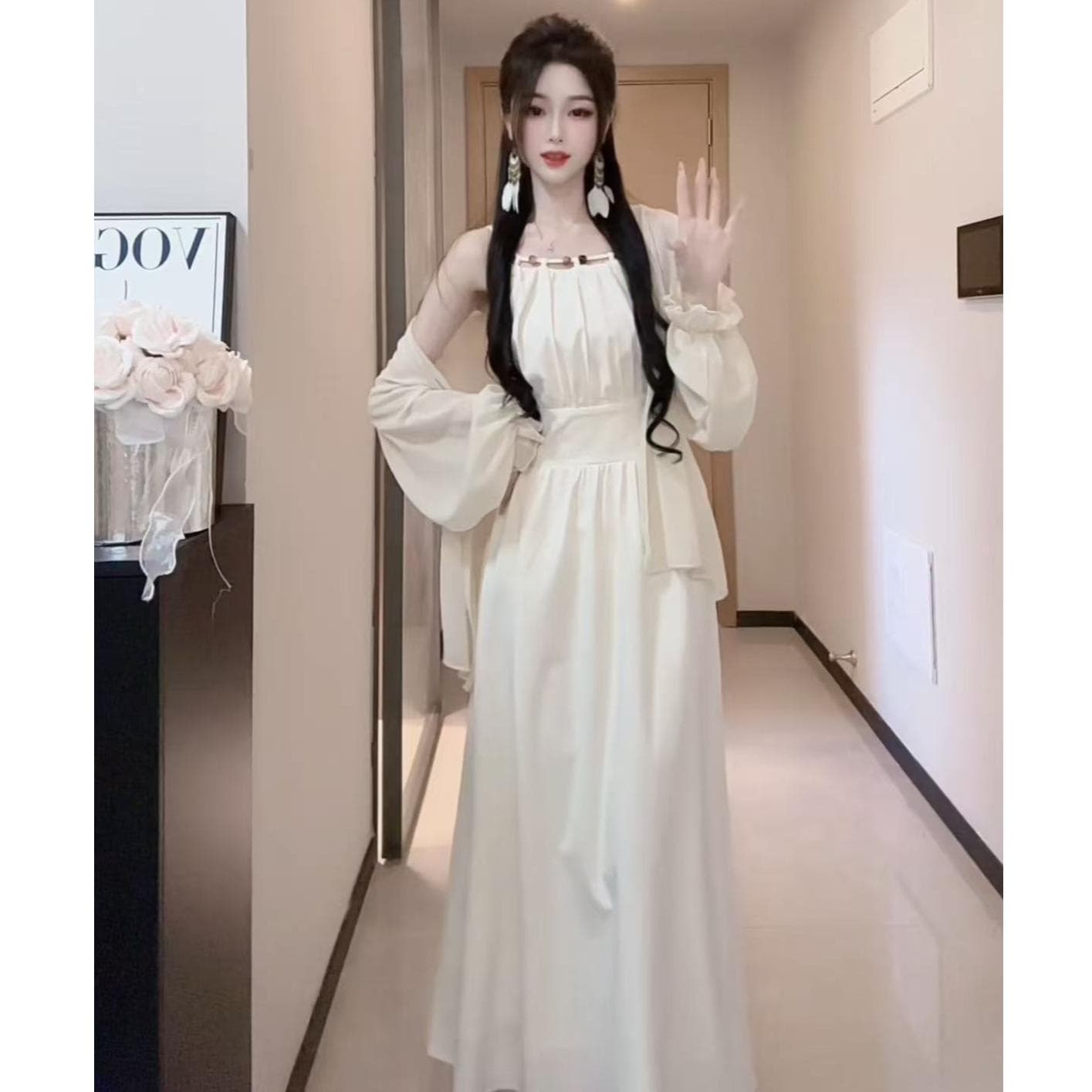 이른 봄 새로운 패션 달콤함 몸매 가꾸기 슬림해 보이는 품격 드레스 자외선 차단 오픈 가디건 슬림해 보이는 세트