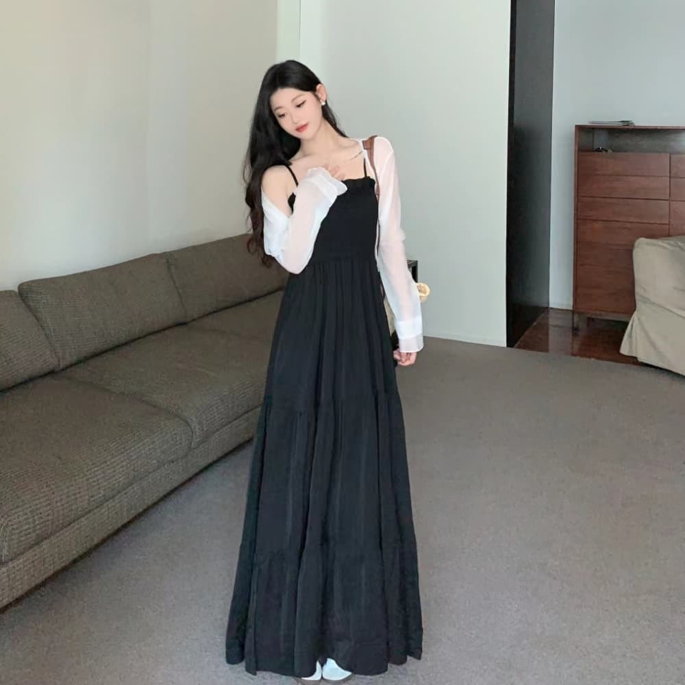 실사 빅 사이즈 여성 의류 지방 mm 프랑스식 레트로 그는 벤 바람 휴가 치마 검정색 슬립 롱 스커트 오픈 가디건 투피스 세트 상세 이미지 3