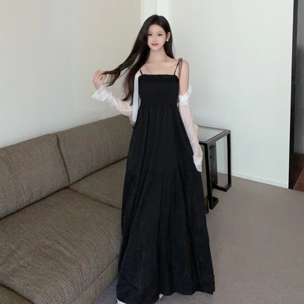 실사 빅 사이즈 여성 의류 지방 mm 프랑스식 레트로 그는 벤 바람 휴가 치마 검정색 슬립 롱 스커트 오픈 가디건 투피스 세트 상세 이미지 4
