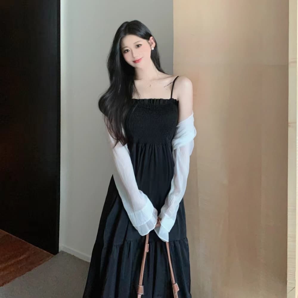 실사 빅 사이즈 여성 의류 지방 mm 프랑스식 레트로 그는 벤 바람 휴가 치마 검정색 슬립 롱 스커트 오픈 가디건 투피스 세트 상세 이미지 5
