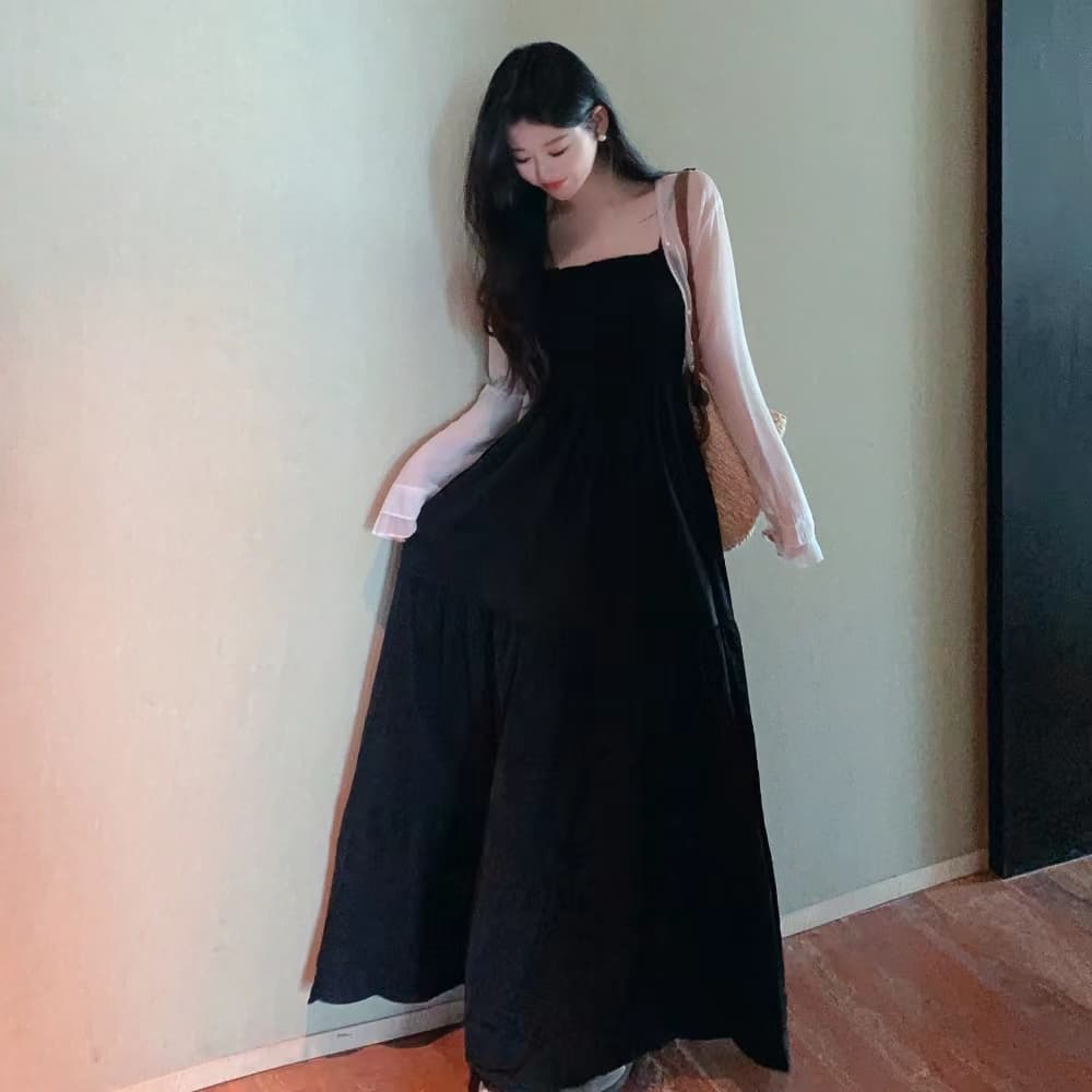 실사 빅 사이즈 여성 의류 지방 mm 프랑스식 레트로 그는 벤 바람 휴가 치마 검정색 슬립 롱 스커트 오픈 가디건 투피스 세트 상세 이미지 7