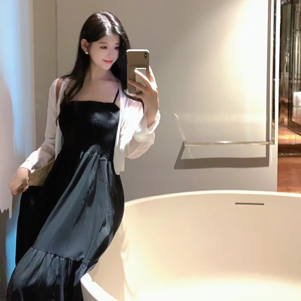 실사 빅 사이즈 여성 의류 지방 mm 프랑스식 레트로 그는 벤 바람 휴가 치마 검정색 슬립 롱 스커트 오픈 가디건 투피스 세트 상세 이미지 10