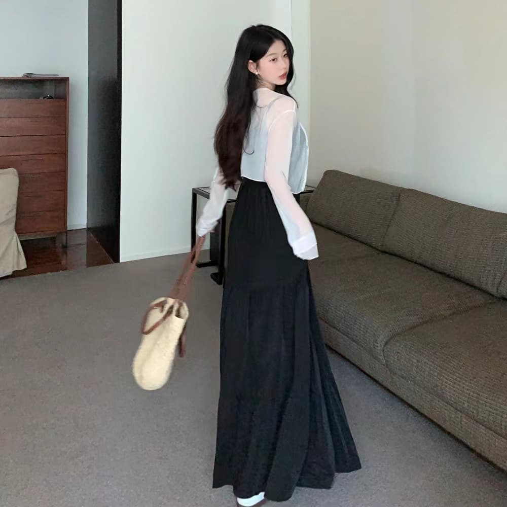 실사 빅 사이즈 여성 의류 지방 mm 프랑스식 레트로 그는 벤 바람 휴가 치마 검정색 슬립 롱 스커트 오픈 가디건 투피스 세트 상세 이미지 11