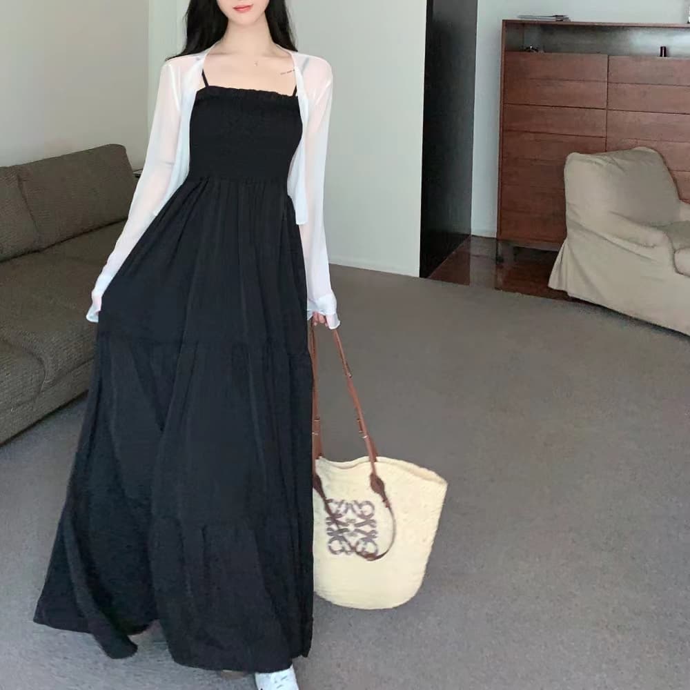 실사 빅 사이즈 여성 의류 지방 mm 프랑스식 레트로 그는 벤 바람 휴가 치마 검정색 슬립 롱 스커트 오픈 가디건 투피스 세트 상세 이미지 12