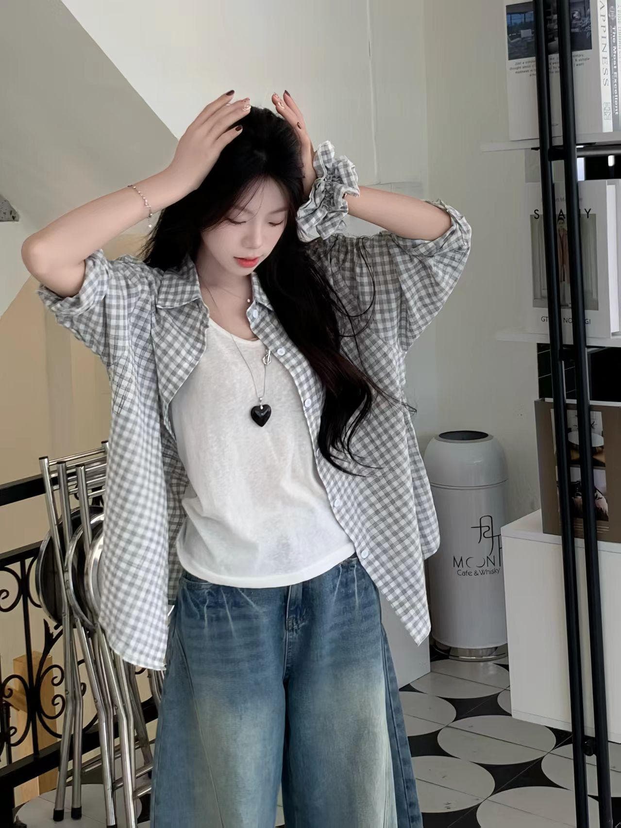 격자 무늬 셔츠 여성 코트 봄 2026 새로운 달콤함 루즈핏 셔츠 긴팔 레트로 맨위 선물 헤드 플라워 상세 이미지 11