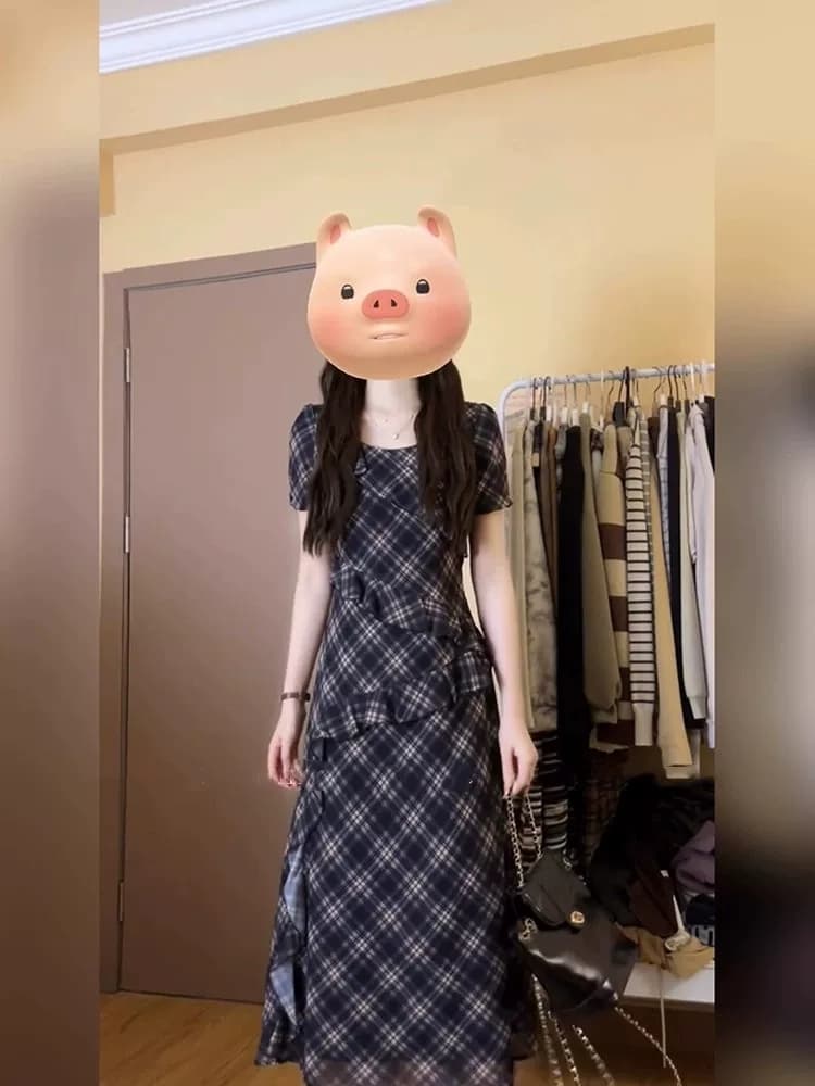 빅 사이즈 프랑스식 순수한 욕망 체크무늬 반팔 여성 드레스 여름 마이크로 지방 mm 프릴 불규칙 롱 스커트 상세 이미지 1