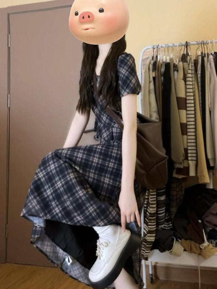 빅 사이즈 프랑스식 순수한 욕망 체크무늬 반팔 여성 드레스 여름 마이크로 지방 mm 프릴 불규칙 롱 스커트 이미지 5