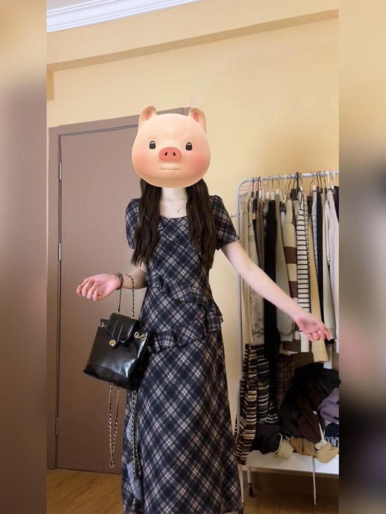 빅 사이즈 프랑스식 순수한 욕망 체크무늬 반팔 여성 드레스 여름 마이크로 지방 mm 프릴 불규칙 롱 스커트 이미지 3