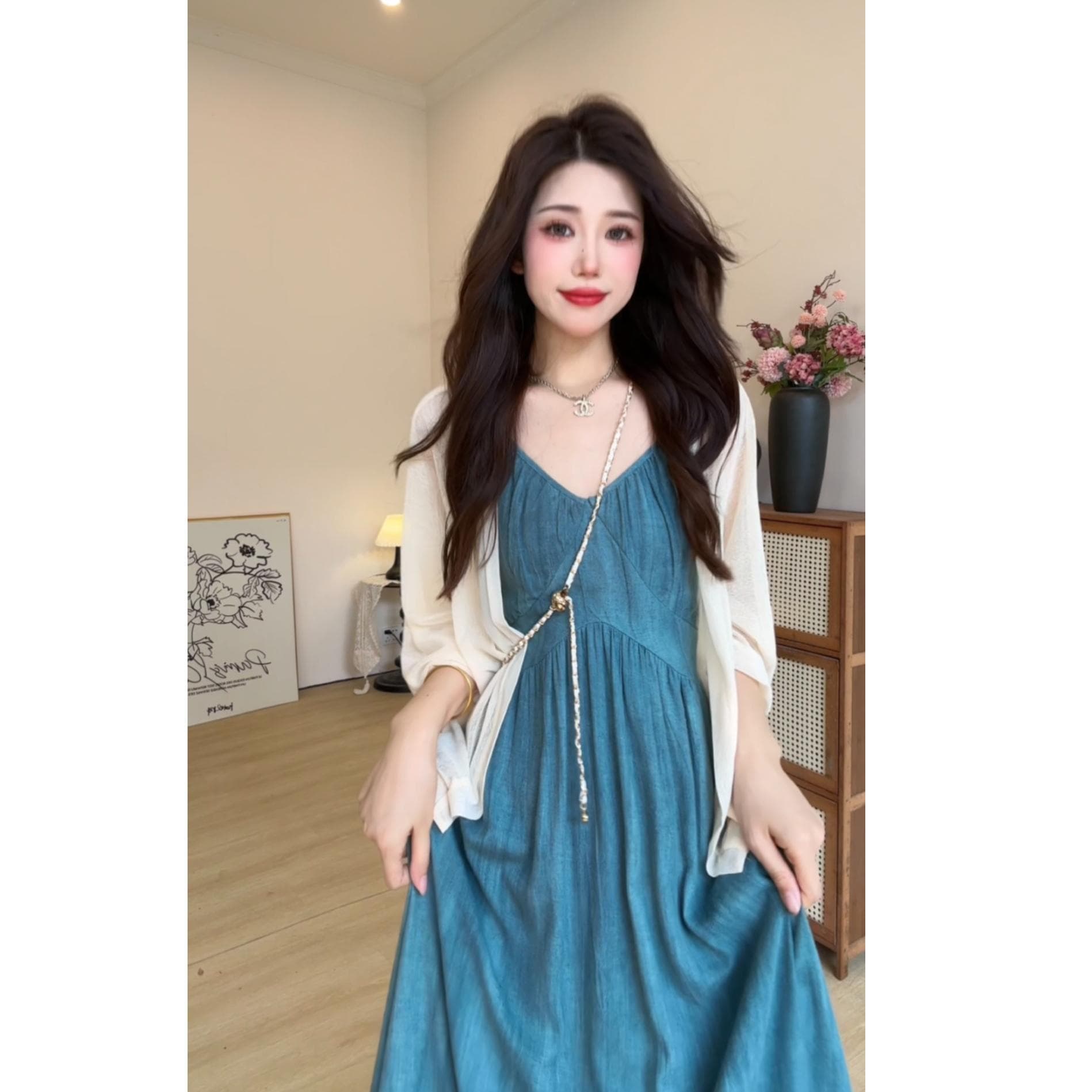 빅 사이즈 프랑스식 레트로 슬립 여성 드레스 여름 허리 수축 슬림해 보이는 롱 스커트 해변가 휴가 해변 드레스 이미지 4