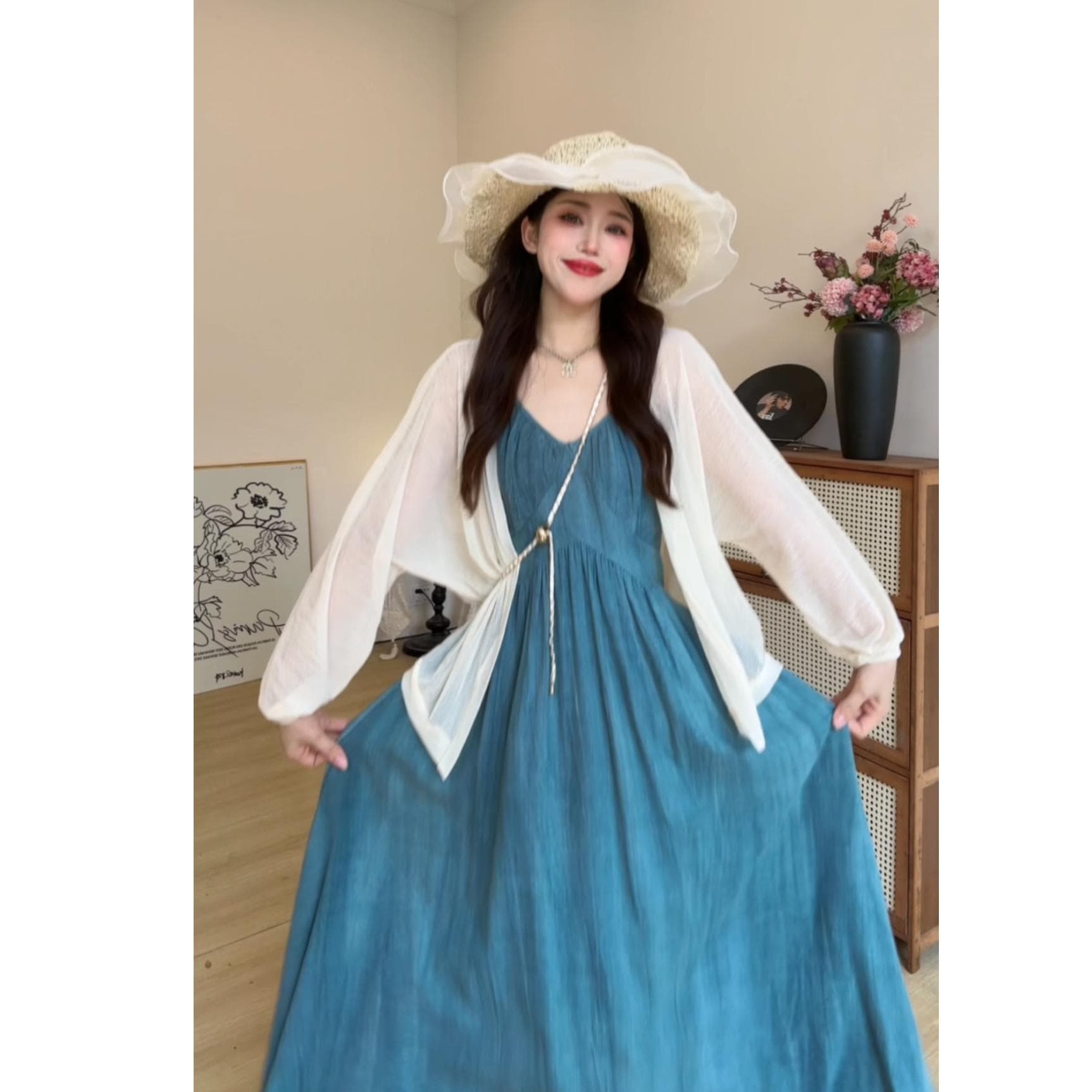 빅 사이즈 프랑스식 레트로 슬립 여성 드레스 여름 허리 수축 슬림해 보이는 롱 스커트 해변가 휴가 해변 드레스 상세 이미지 4