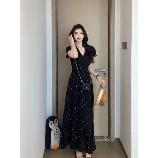 빅 사이즈 여름 프랑스식 잉크 포인트 스타 망 드레스 꽃무늬 일반 슬림해 보이는 작은 대중 검정색 롱 스커트 상세 이미지 2