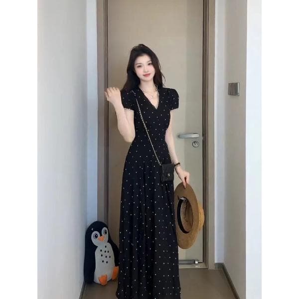 빅 사이즈 여름 프랑스식 잉크 포인트 스타 망 드레스 꽃무늬 일반 슬림해 보이는 작은 대중 검정색 롱 스커트 상세 이미지 3