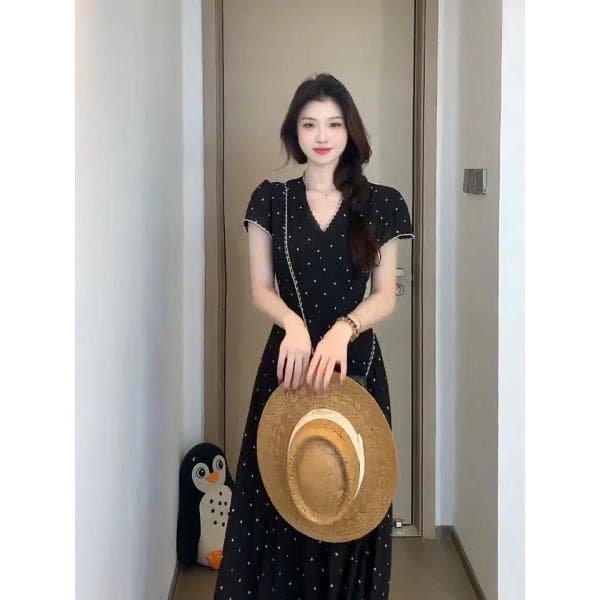 빅 사이즈 여름 프랑스식 잉크 포인트 스타 망 드레스 꽃무늬 일반 슬림해 보이는 작은 대중 검정색 롱 스커트 상세 이미지 4