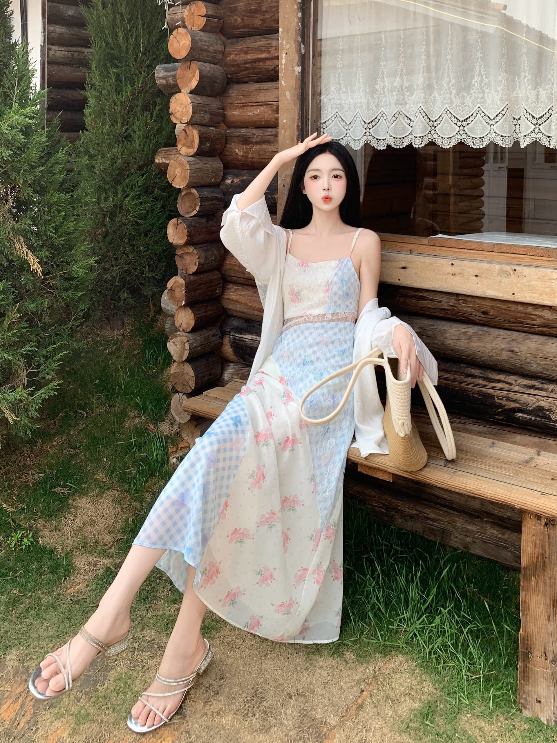 실사 빅 사이즈 프랑스식 핫걸 슬립 드레스 오픈 가디건 투피스 세트 상세 이미지 11
