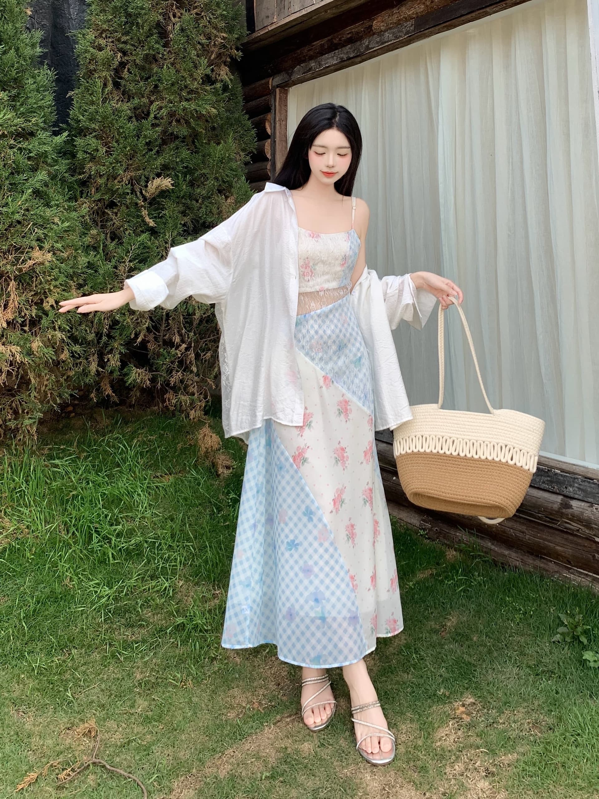 실사 빅 사이즈 프랑스식 핫걸 슬립 드레스 오픈 가디건 투피스 세트 상세 이미지 12