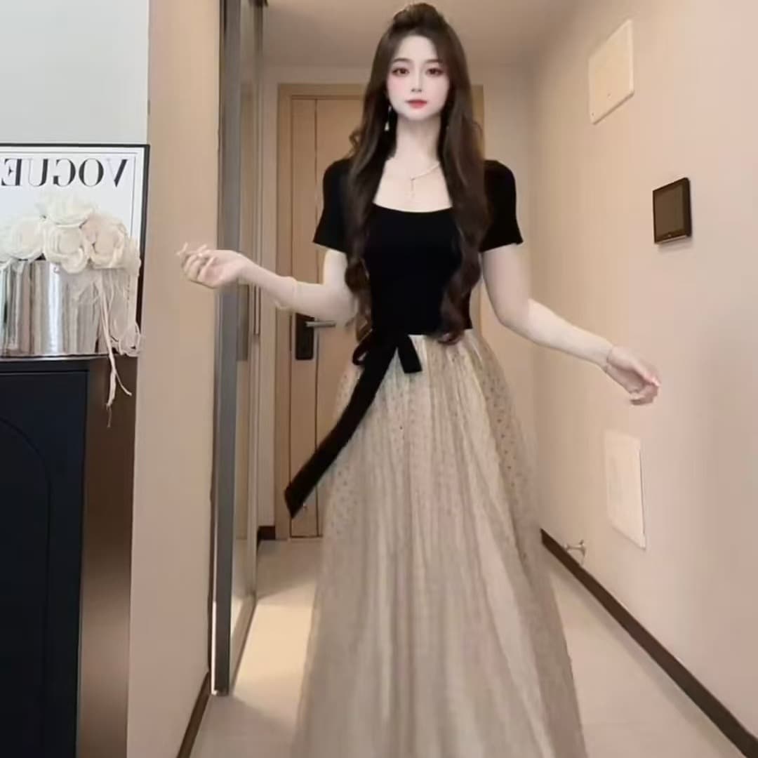 빅 사이즈 천 금빛 바람 스트랩 디자인 센스 꼬집기 허리 어깨 배색 망사 허리 수축 드레스 이미지 6