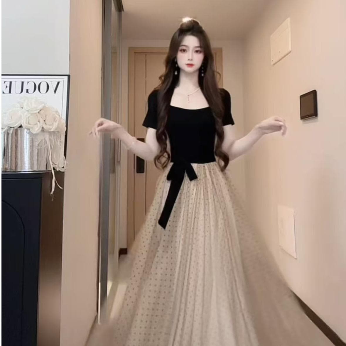 빅 사이즈 천 금빛 바람 스트랩 디자인 센스 꼬집기 허리 어깨 배색 망사 허리 수축 드레스 상세 이미지 1