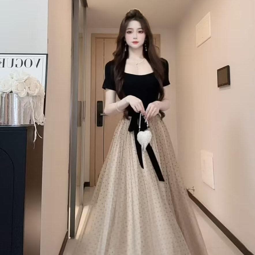 빅 사이즈 천 금빛 바람 스트랩 디자인 센스 꼬집기 허리 어깨 배색 망사 허리 수축 드레스 상세 이미지 2