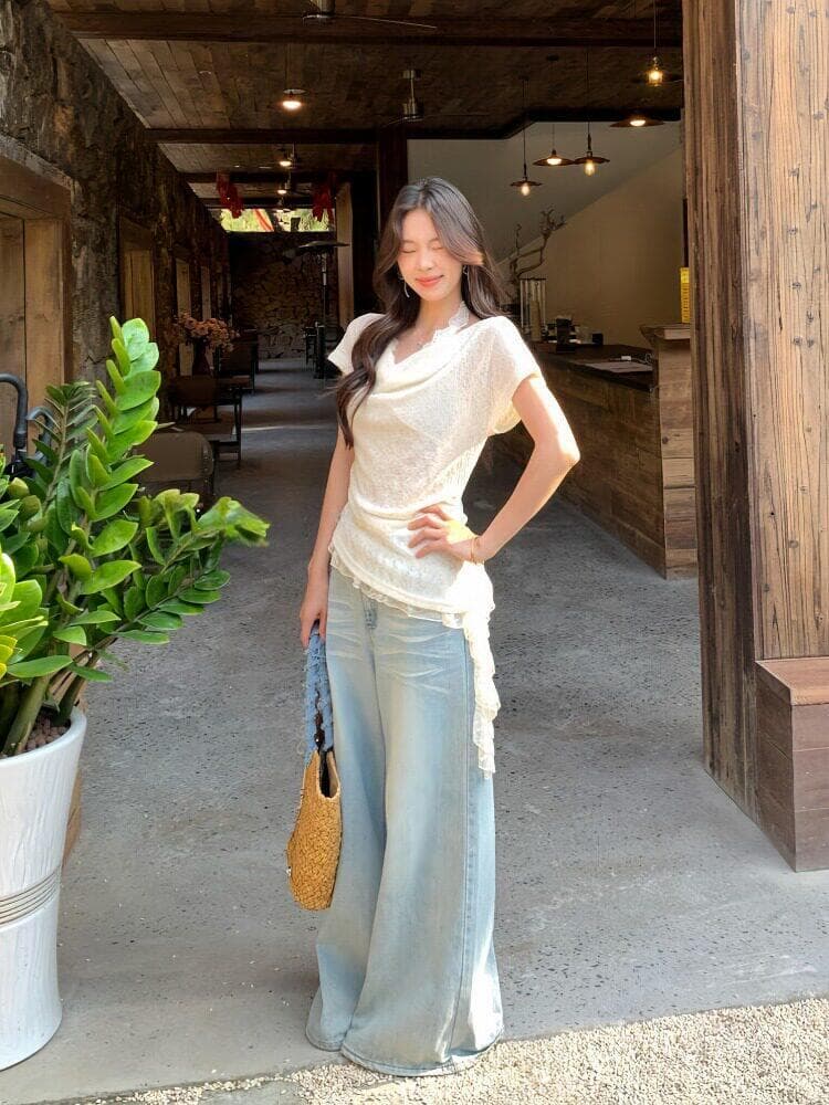 빅 사이즈 마이크로 지방 mm 순수한 욕망 바람 흔들다 칼라 반팔 티셔츠 여성 여름 새로운 레이스 행침 목 인사이드 잡아라. 의류 투피스 세트 이미지 3