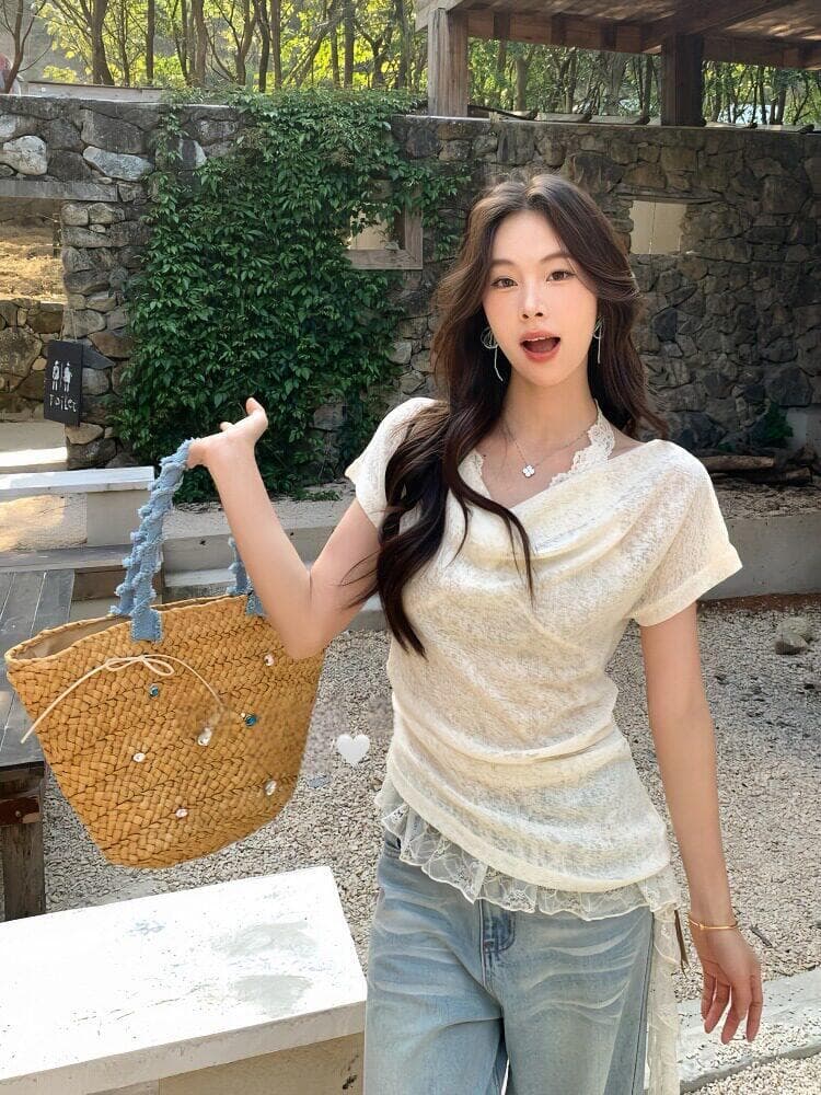 빅 사이즈 마이크로 지방 mm 순수한 욕망 바람 흔들다 칼라 반팔 티셔츠 여성 여름 새로운 레이스 행침 목 인사이드 잡아라. 의류 투피스 세트 이미지 2