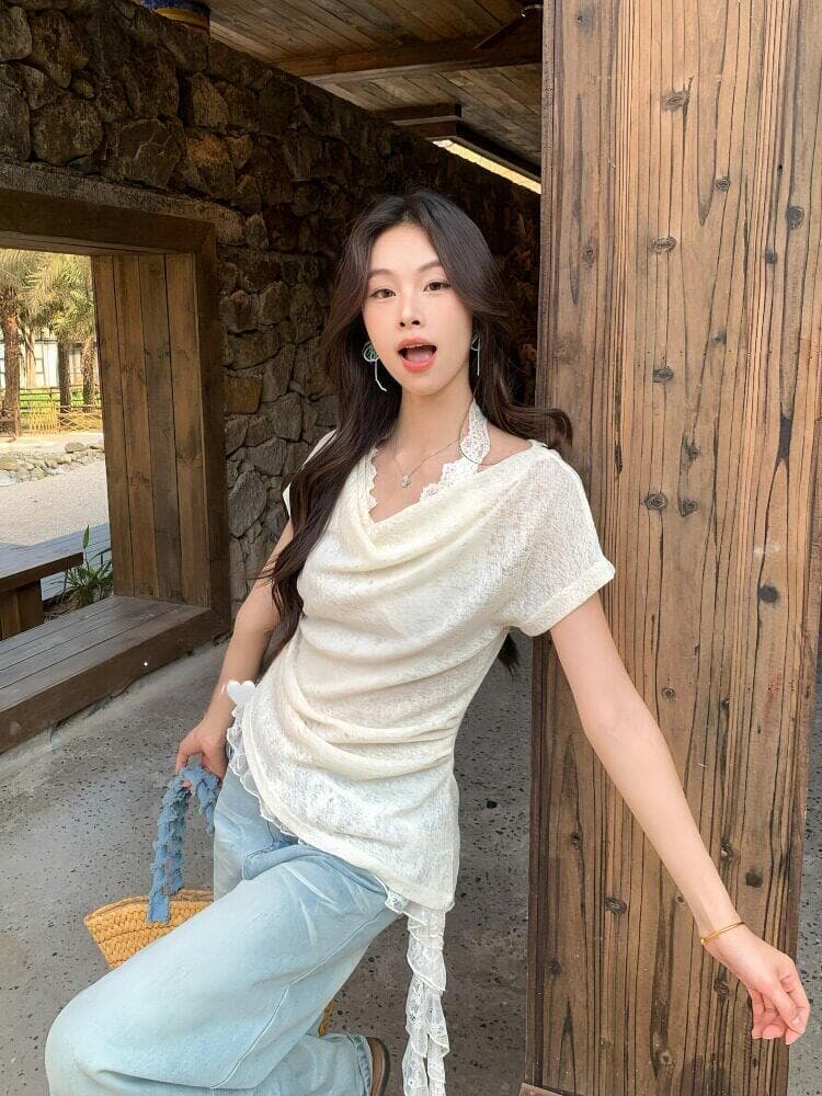 빅 사이즈 마이크로 지방 mm 순수한 욕망 바람 흔들다 칼라 반팔 티셔츠 여성 여름 새로운 레이스 행침 목 인사이드 잡아라. 의류 투피스 세트 상세 이미지 5