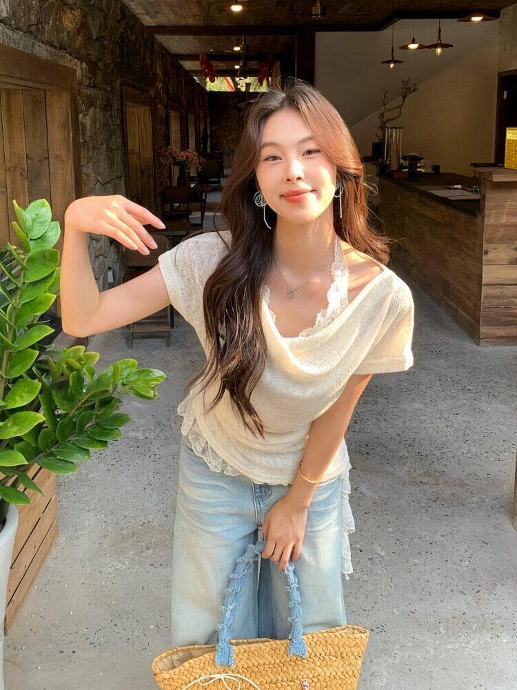 빅 사이즈 마이크로 지방 mm 순수한 욕망 바람 흔들다 칼라 반팔 티셔츠 여성 여름 새로운 레이스 행침 목 인사이드 잡아라. 의류 투피스 세트 상세 이미지 6
