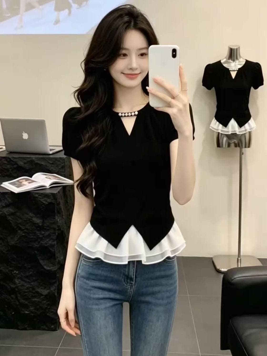 빅 사이즈 디자인 센스 패치워크 반팔 티셔츠 여성 여름 새로운 빛 럭셔리 작은 대중 품격 다용도 맨위 이미지 2