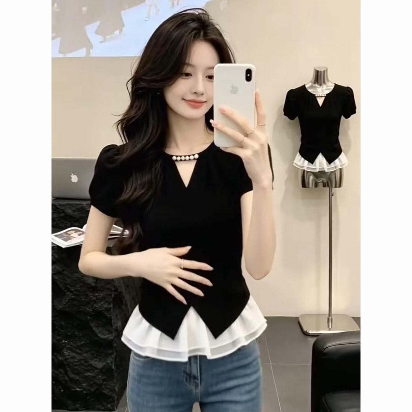 빅 사이즈 디자인 센스 패치워크 반팔 티셔츠 여성 여름 새로운 빛 럭셔리 작은 대중 품격 다용도 맨위 이미지 3