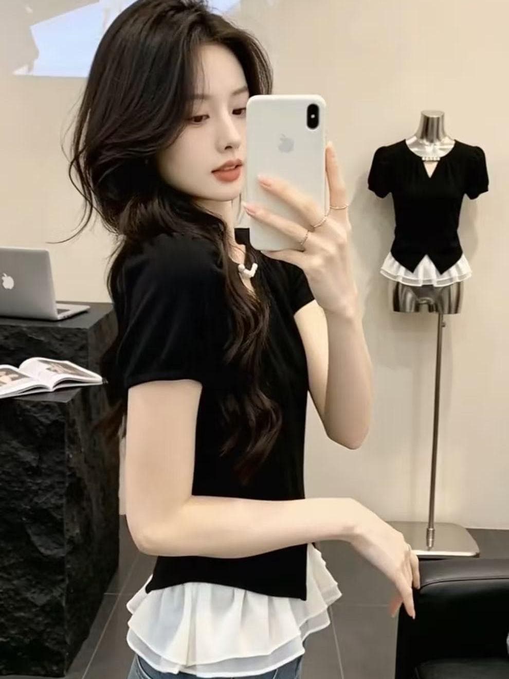 빅 사이즈 디자인 센스 패치워크 반팔 티셔츠 여성 여름 새로운 빛 럭셔리 작은 대중 품격 다용도 맨위 상세 이미지 5