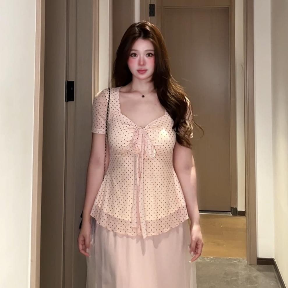 마이크로 지방 mm 프랑스식 도트 무늬 망사 맨위 티셔츠 여성 이미지 5