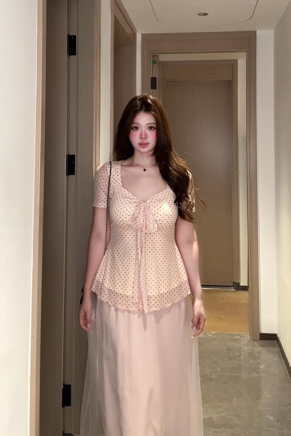마이크로 지방 mm 프랑스식 도트 무늬 망사 맨위 티셔츠 여성 상세 이미지 2