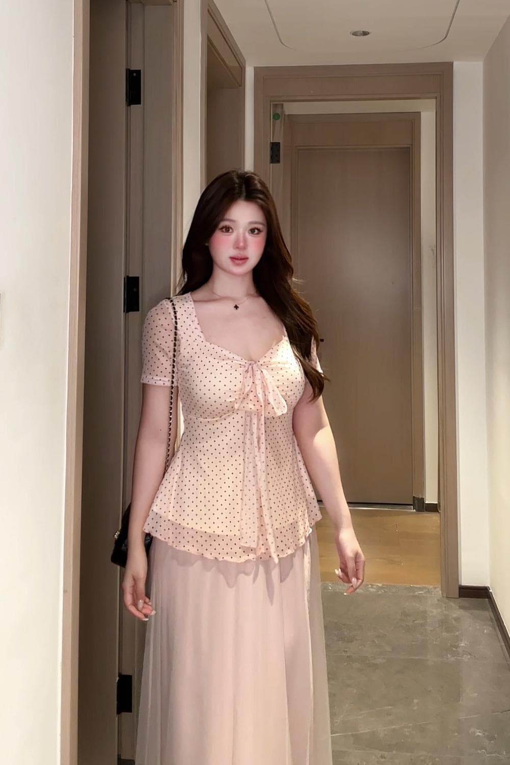 마이크로 지방 mm 프랑스식 도트 무늬 망사 맨위 티셔츠 여성 상세 이미지 4